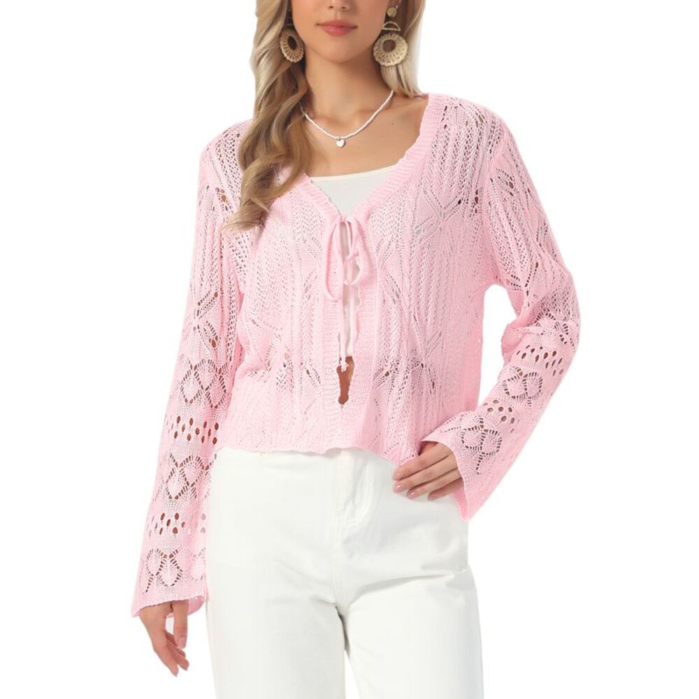 Women Summer Crochet Knit Tie Front Bolero Shrug Cardigan Sweaters Pink